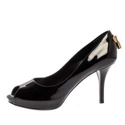 مملوكة مسبقًا  حذاء كعب عالي لوي فيتون او ريالي! مقدمة مفتوحة نعل سميك جلد لامع أسود مقاس 36.5