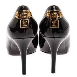 مملوكة مسبقًا  حذاء كعب عالي لوي فيتون او ريالي! مقدمة مفتوحة نعل سميك جلد لامع أسود مقاس 36.5