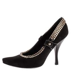 مملوكة مسبقًا حذاء كعب عالي لوي فيتون مقدمة مدببة مزخرف سلسلة سويدي أسود مقاس 39