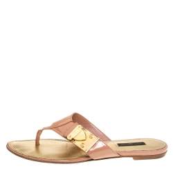 Pre Owned Louis Vuitton Beige Patent Leather Thong Flats Size 38.5