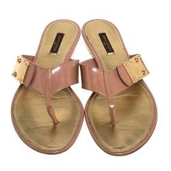 Pre Owned Louis Vuitton Beige Patent Leather Thong Flats Size 38.5