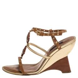 مملوكة مسبقًا Louis Vuitton Brown/Gold Leather Andalucia Wedge Sandals Size 36.5