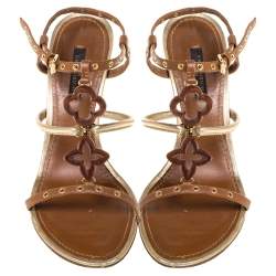 مملوكة مسبقًا Louis Vuitton Brown/Gold Leather Andalucia Wedge Sandals Size 36.5