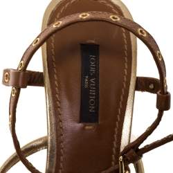 مملوكة مسبقًا Louis Vuitton Brown/Gold Leather Andalucia Wedge Sandals Size 36.5