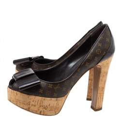 Pre Owned Louis Vuitton Brown Monogram Canvas Rivoli Cork Platform Peep Toe Pumps Size 37