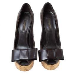 Pre Owned Louis Vuitton Brown Monogram Canvas Rivoli Cork Platform Peep Toe Pumps Size 37