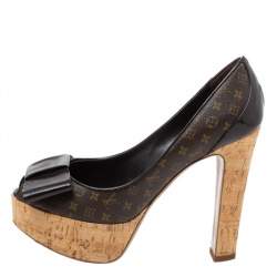 Pre Owned Louis Vuitton Brown Monogram Canvas Rivoli Cork Platform Peep Toe Pumps Size 37