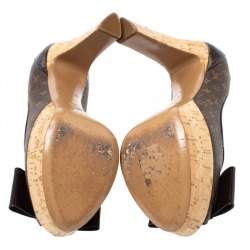 Pre Owned Louis Vuitton Brown Monogram Canvas Rivoli Cork Platform Peep Toe Pumps Size 37