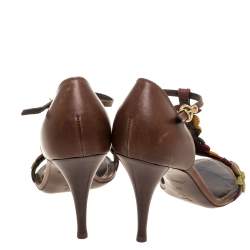 مملوكة مسبقًا Louis Vuitton Brown Leather Aubepine Floral T Strap Sandals Size 37
