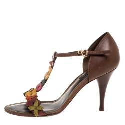 مملوكة مسبقًا Louis Vuitton Brown Leather Aubepine Floral T Strap Sandals Size 37