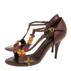 مملوكة مسبقًا Louis Vuitton Brown Leather Aubepine Floral T Strap Sandals Size 37