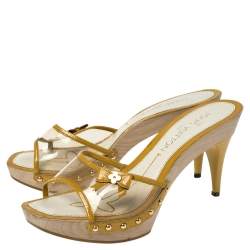 مملوكة مسبقًا Louis Vuitton Yellow Patent Leather Trim and PVC Bow Detail Platform Clogs Size 36.5