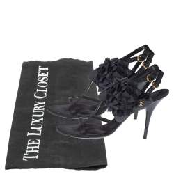 Pre Owned صندل لوى فيتون سير كاحل زخرفة زهور جلد لامع وساتان أسود مقاس 39.5