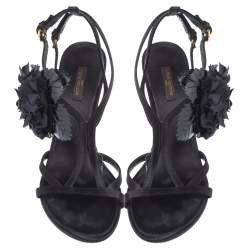 Pre Owned صندل لوى فيتون سير كاحل زخرفة زهور جلد لامع وساتان أسود مقاس 39.5