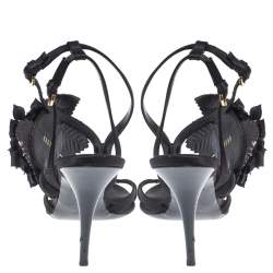 Pre Owned صندل لوى فيتون سير كاحل زخرفة زهور جلد لامع وساتان أسود مقاس 39.5