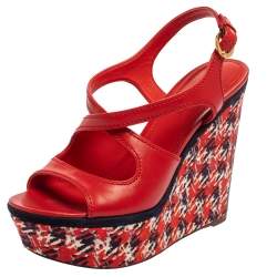 Pre Owned صندل لوي فيتون كعب روكي نعل سميك فتحة كعب قماش متعدد الألوان و جلد أحمر مقاس 39