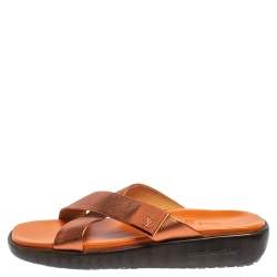 Pre Owned Louis Vuitton Bronze Leather Cross Strap Flat Sandals Size 40.5