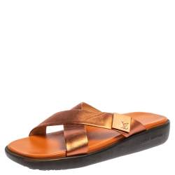 Pre Owned Louis Vuitton Bronze Leather Cross Strap Flat Sandals Size 40.5