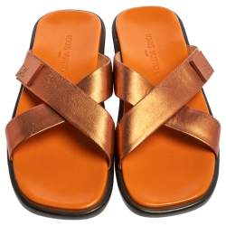 Pre Owned Louis Vuitton Bronze Leather Cross Strap Flat Sandals Size 40.5