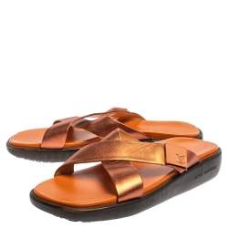 Pre Owned Louis Vuitton Bronze Leather Cross Strap Flat Sandals Size 40.5