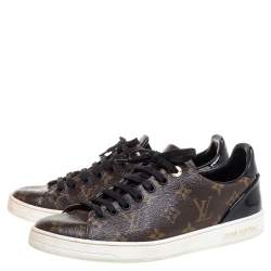 Pre Owned Louis Vuitton Monogram Canvas and Black Patent Leather Frontrow Low Top Sneakers Size 39