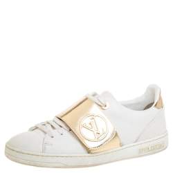Authentic Louis Vuitton Frontrow White Leather Gold Flap Sneakers