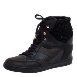 مملوكة مسبقًا Louis Vuitton Black Monogram Suede and Leather Cliff Top Lace Up Sneakers Size 39.5
