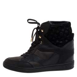 مملوكة مسبقًا Louis Vuitton Black Monogram Suede and Leather Cliff Top Lace Up Sneakers Size 39.5