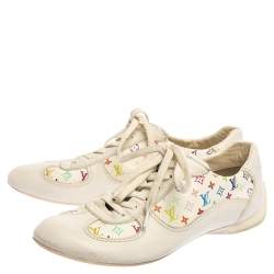 Pre Owned Louis Vuitton White Leather And Multicolor Monogram Canvas Lace Up Sneakers Size 38