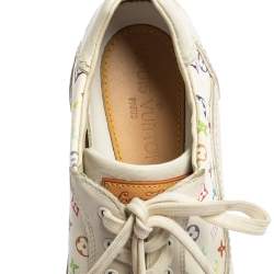 Pre Owned Louis Vuitton White Leather And Multicolor Monogram Canvas Lace Up Sneakers Size 38