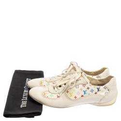 Pre Owned Louis Vuitton White Leather And Multicolor Monogram Canvas Lace Up Sneakers Size 38