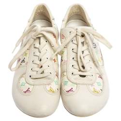 Pre Owned Louis Vuitton White Leather And Multicolor Monogram Canvas Lace Up Sneakers Size 38