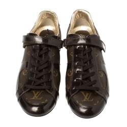 مملوكة مسبقًا Louis Vuitton Brown Patent Leather And Monogram Canvas Lace Up Sneakers Size 39