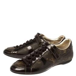 مملوكة مسبقًا Louis Vuitton Brown Patent Leather And Monogram Canvas Lace Up Sneakers Size 39