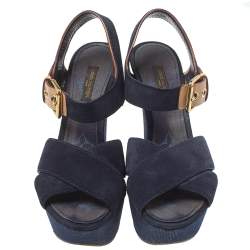 مملوكة مسبقًا صندل لوي فيتون كعب روكي دنيم و سويدي أزرق مقاس 36.5
