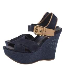 مملوكة مسبقًا صندل لوي فيتون كعب روكي دنيم و سويدي أزرق مقاس 36.5