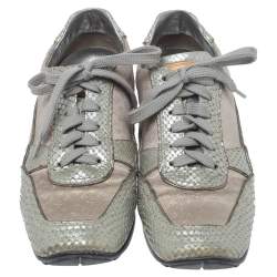 Louis Vuitton Silver/Beige Monogram Fabric and Python Lace Low Top Sneakers Size 38.5