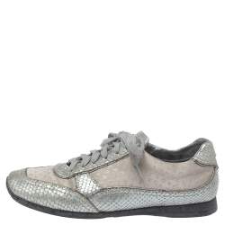 Louis Vuitton Silver/Beige Monogram Fabric and Python Lace Low Top Sneakers Size 38.5