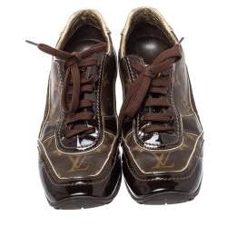 Pre Owned Louis Vuitton Brown Patent Leather And Monogram Canvas Lace Up Sneakers Size 38.5