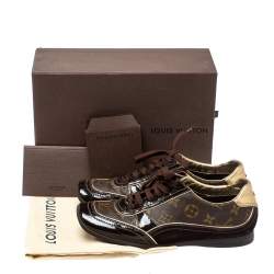 Pre Owned Louis Vuitton Brown Patent Leather And Monogram Canvas Lace Up Sneakers Size 38.5