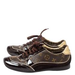 Pre Owned Louis Vuitton Brown Patent Leather And Monogram Canvas Lace Up Sneakers Size 38.5