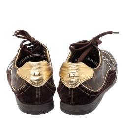 Pre Owned Louis Vuitton Brown Patent Leather And Monogram Canvas Lace Up Sneakers Size 38.5