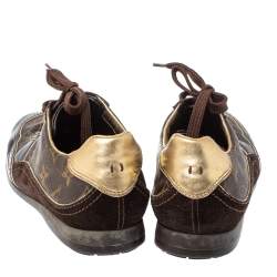 مملوكة مسبقًا حذاء رياضي لوي فيتون مقدمة مربعة غلوب تروتر جلد لامع وكانفاس مونوغرامي بني مقاس 37.5