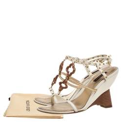 Pre Owned صندل لوي فيتون مزين دوائر معدنية مفرغة سير حرف تي كعب روكي جلد ثلاثي اللون مقاس 37.5