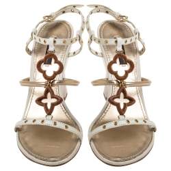 Pre Owned صندل لوي فيتون مزين دوائر معدنية مفرغة سير حرف تي كعب روكي جلد ثلاثي اللون مقاس 37.5