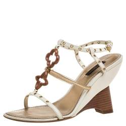 Pre Owned صندل لوي فيتون مزين دوائر معدنية مفرغة سير حرف تي كعب روكي جلد ثلاثي اللون مقاس 37.5