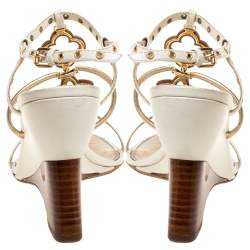 Pre Owned صندل لوي فيتون مزين دوائر معدنية مفرغة سير حرف تي كعب روكي جلد ثلاثي اللون مقاس 37.5