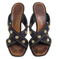 مملوكة مسبقًا Louis Vuitton Black Canvas Studded Wedge Cross Strap Sandals Size 38