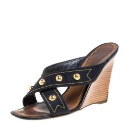 Louis Vuitton Canvas Gold Studded Wedge with Cross Strap Size US 5