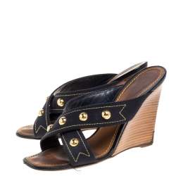مملوكة مسبقًا Louis Vuitton Black Canvas Studded Wedge Cross Strap Sandals Size 38